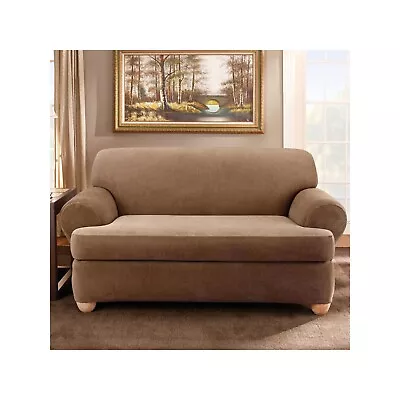 Sure Fit Stretch Stripe Chocolate Brown 2 Pc T Cushion Sofa Slipcover Washable F • $29.95