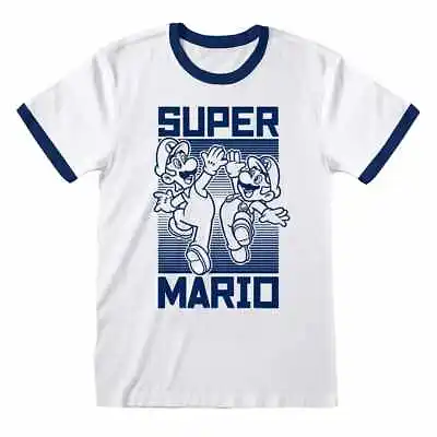 Super Mario T-Shirt High Five Nintendo Official New White Ringer • £13.95