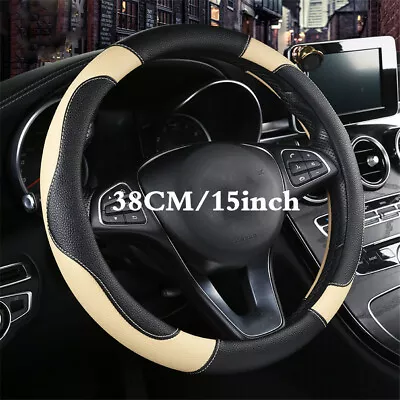 15  Black &Beige PU Leather Stitching Steering Wheel Cover Non-slip For Car SUV  • £19.32