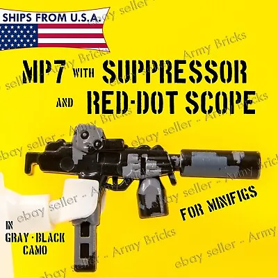 MP7 W/ SuppressorRed Dot Scope For Minifig •CUSTOM TOY Bricks •Gray Black Camo • $2