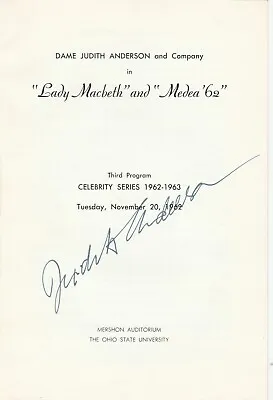 Dame Judith Anderson Autographed Program Lady Macbeth & Medea 62 Ohio State Univ • $21