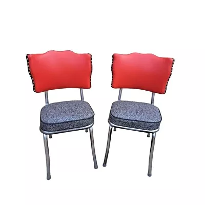 2-1950's Chrome Chairs Vintage ALL NEW Upholstery Black Red MCM • $239.20