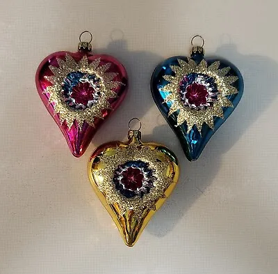 Vintage Glass Heart Indent Reflector Ornaments Germany Set Of 3 • $50