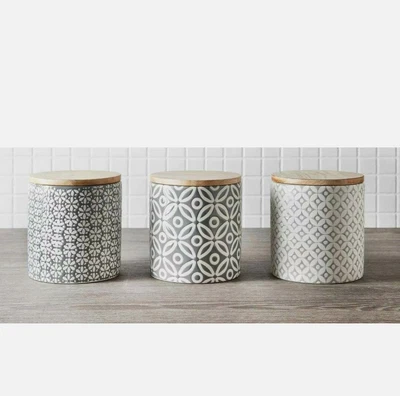 £19.95 • Buy Set Of 3 Ceramic Tea Coffee Sugar Canisters Jars Geo Embossed Storage Jars Pots