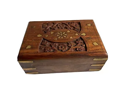 Handmade Brass Fitted Wooden Jewelry Box Indian Rosewood Floral Hand Carved 6x4 • $5