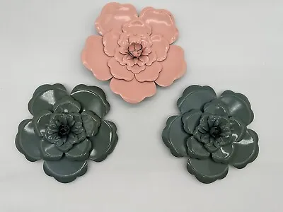 Set Of 3 Pink & Green Metal Flower Wall Hanging Home Décor Floral Art 7” & 8” • $35