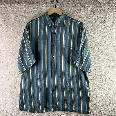 VINTAGE Silk Shirt Mens Medium Blue Button Up Short Sleeve Striped Retro Kaid • $14.44