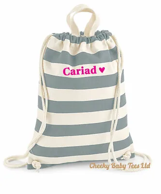 Welsh Cariad Beach Bag Drawstring Canvas Beach Bag Striped Nautical 3 Colour • £13.99