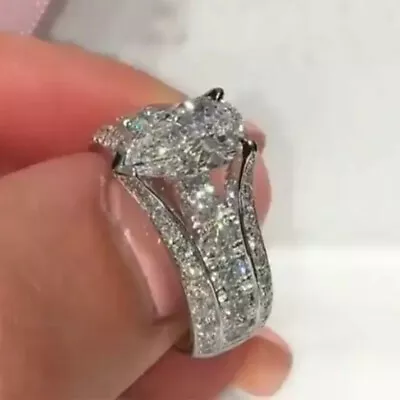 $2.60 • Buy Pear Cut Cubic Zircon Women Ring Luxury 925 Silver Plated Jewelry Sz 6-10