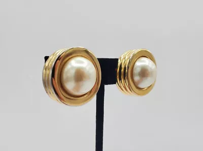 Vintage Gold Pearl Marvella Earrings Clip On Circle Pair Signed Jewelry Gift • $29.99