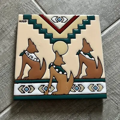 Vtg 90s Earthtones  Coyotes Ceramic Terra Cotta Tile Southwestern Aztec • $14.62