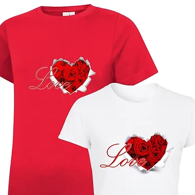 £9.99 • Buy Valentines Day Ladies T Shirt - Love Rose Heart -Present For Girls -Cotton Tops