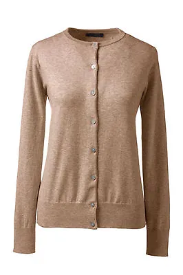 Lands End  Women's LS Supima Crew Cardigan Sweater Vicuna Heather New • $24.99