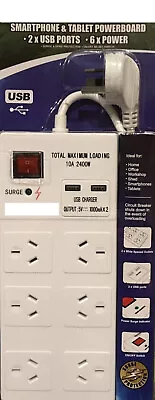 New 6 Way Surge Protector Power Board With 2 X USB Charge Smart Phones • $25.49