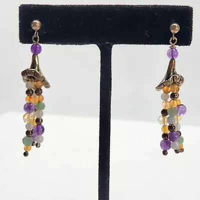 Sterling Silver Flower Dangle Earrings Multi Stone Agate Adventurine Amethyst • $32.30