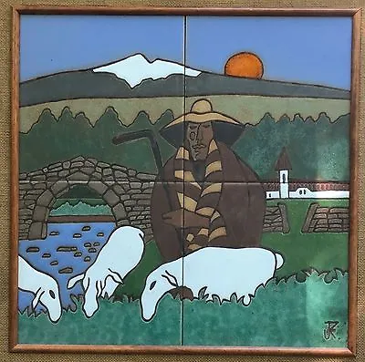 Vintage 60s Shepherd Ceramic Tile Wall Hanging Art Mid Century Modern Signed • $395