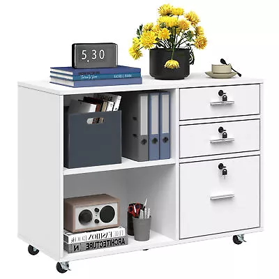 Wood File Cabinet 3 Drawer Mobile Lateral Filing Cabinet Storage Cabinet W/Locks • $92.99