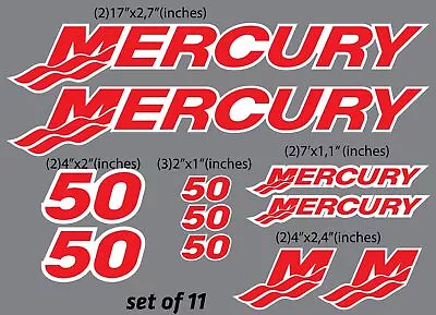 (11pc) Set Of 50 Hp Mercury Outboard Cowling Decal Set Custom Color Choices • $17