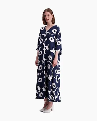 New Marimekko X-Large Navy Blue Piiri Unikko Print Caftan Maxi Dress • $249