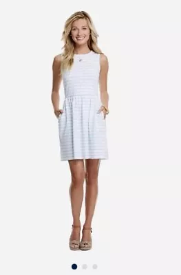 $128 VINEYARD VINES White W/ Teal Striped Fit N Flare Dress Size M Summer Beach • $40