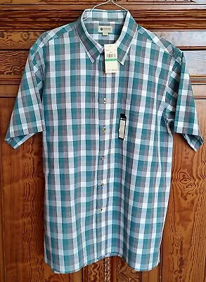 NEW Haggar Clothing Mens Teal Plaid Collar Short Sleeve Button Up Shirt Large  • $12