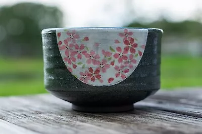 Dark Matcha Bowl With Pink Flowers Pattern Matcha Cup • $42.99