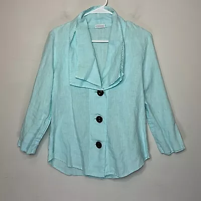 Habitat Women M Linen Three Button Blazer Aqua Blue 3/4 Sleeve Short Jacket • $20.99