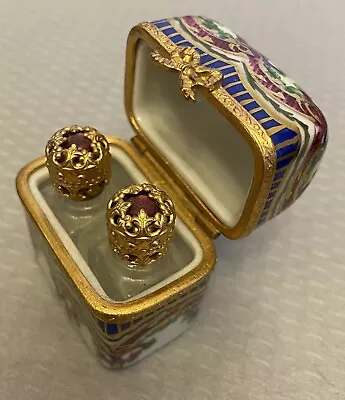 Vintage Limoges France Peint Main Porcelain Trinket Box Jeweled Perfume Bottles • $95