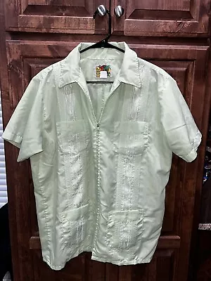 Mens Haband Guayabera Short Sleeve Zip Cuban Shirt Green Embroidered Details M • $18.48