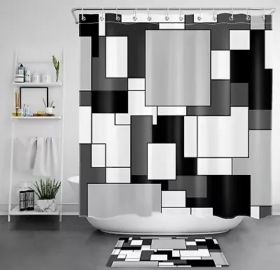 Black White Geometric Pattern Modern Art Shower Curtain Bathroom Accessories Set • $10.99