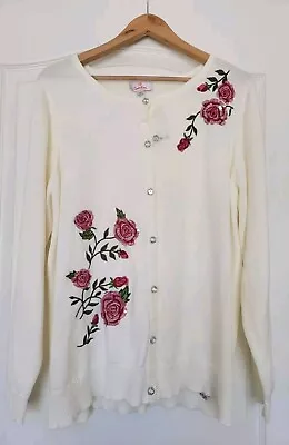 Quaker Factory Womens Off White Rose Embroidery Cardigan Sweater Floral XL READ • $19.99