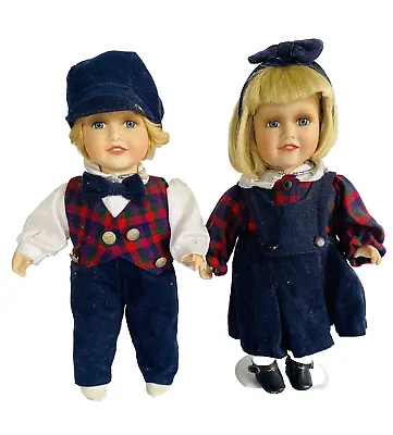 ALBERON DOLL Porcelain Boy & Girl Twins Collectable VINTAGE Dolls W Stands 35cm • $49.94