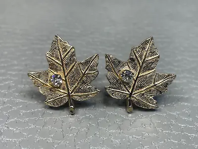 Vintage Figural Maple Leaf With Faux Diamond Yellow Gold Plated Cuff Links • $19.95