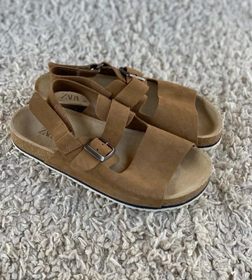 $28 • Buy Zara Tan Suede Sandal Buckle Strap Adjustable Slingback Flat Womens 37 US 6.5