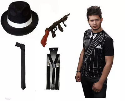 Black Gangster Hat Tie Braces Printed T-shirt AL Capone 20s Fancy Dress Costume • £8.99