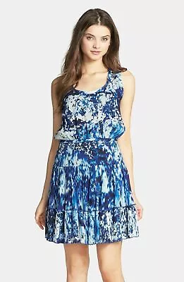 NWT Nicole Miller Artelier Mason In Lagoon Blue Pleated Hem Blouson Dress S M L • $45