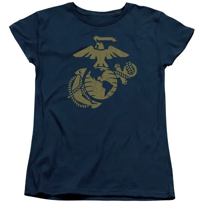 US Marine Corps Gold Distressed Emblem Navy Women's Shirt • $23.39