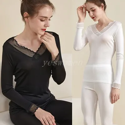 $29.90 • Buy Women Silk Thermal Underwear Long Johns Sets Lace V Neck Base Layer Pajama Set
