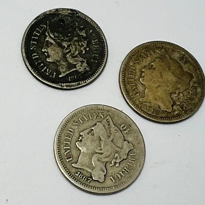 $5.50 • Buy Three Cent Nickel US III Cent Coin Lot Of 3 - 1867, 1867, 1866