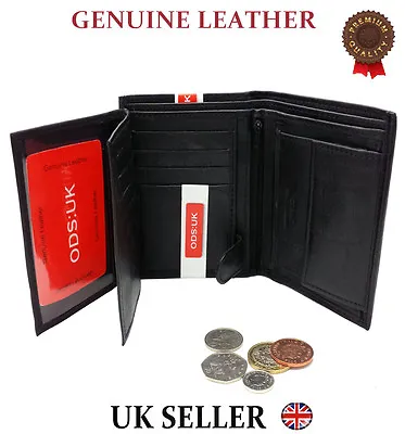 Mens Black Bifold Quality Real Leather Wallet Credit Card Holder Purse Gift • £4.95