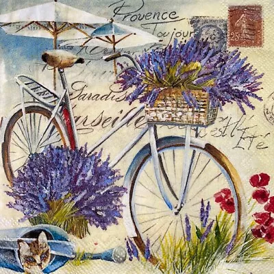 £1.35 • Buy 4 X Single Paper Napkins - Decoupage - 3 Ply - Summer Lavender Bike Cat - S39