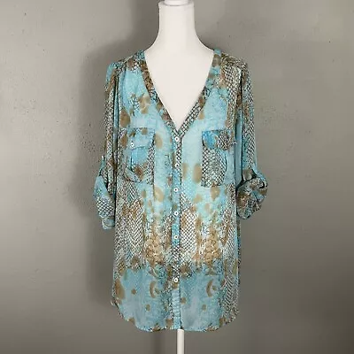 Mushka By Sienna Rose $68 Blouse Size 1X Aqua Brown Sheer Button Front Top Blue • $18.32