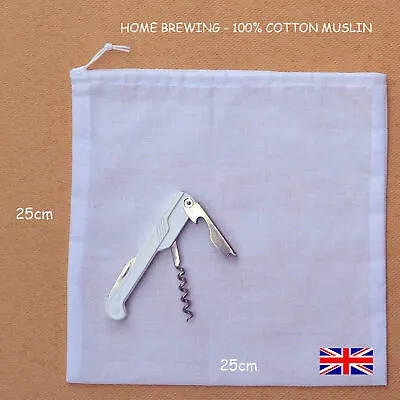  BRITISH MADE' 100% MUSLIN CORDED HOME BREWING FILTER NET BAG 25cm X 25cm £5.25 • £5.25