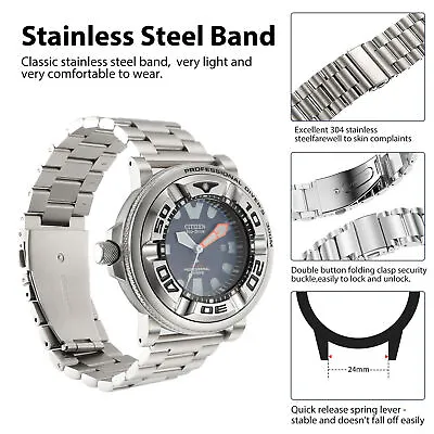 24mm Stainless Steel Band+2X Brushed Adapters For Citizen BJ8050-08E Promaster  • $31.99