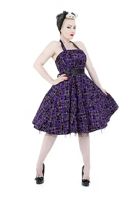 H&R LONDON PURPLE TARTAN HALTER PLAID PUNK ROCK GOTH 50s PUNK VINTAGE PROM DRESS • $47.99