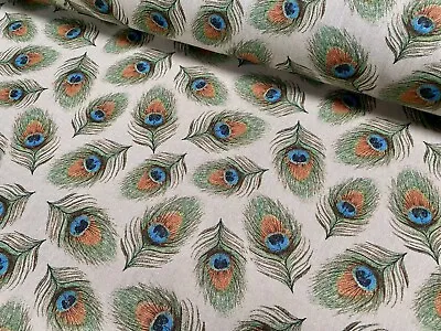 £0.99 • Buy Linen Look Peacock Feathers Fan Print Fabric Curtain Cotton Material - 55  Wide