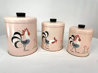 Vtg Ransburg Mcm 3 Piece Pink Metal Canister Set Hand Painted Rooster/floral • $59