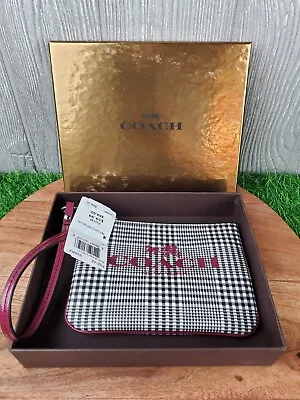 Genuine COACH Peyton Glen Plaid Print Small Wristlet F52142 Silver/Cranberry NEW • $45