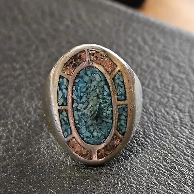 Vtg Native Style Size 10 925 Sterling Coral & Turquoise Chip Inlay Ring *Damaged • $29