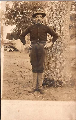 Real Photo Postcard Military Man In Uniform Next To Tree Camp • $8